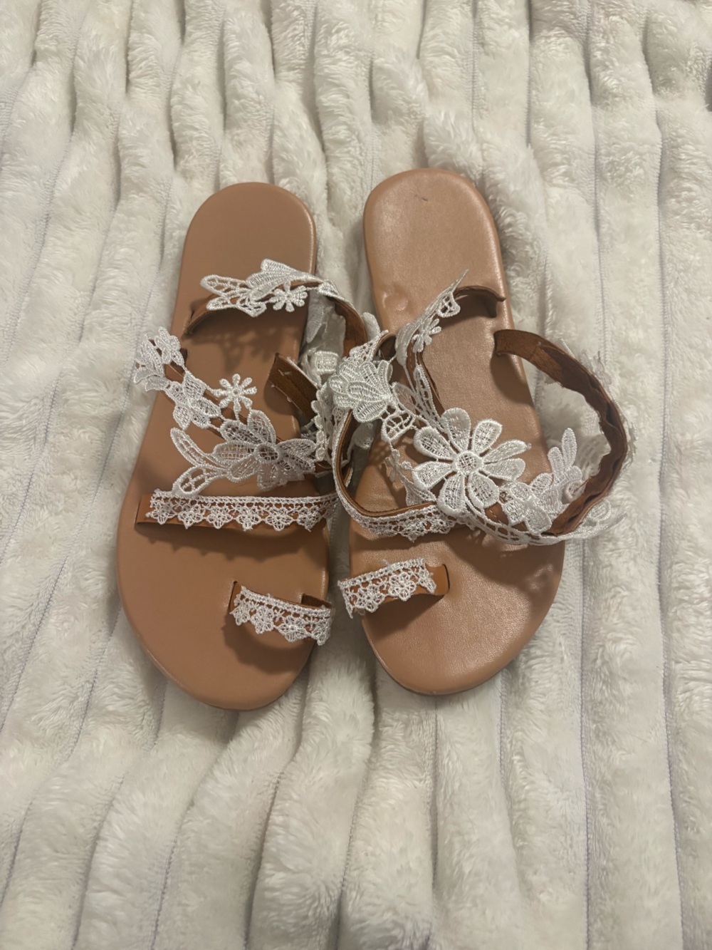 Women’s Tan Sandals with White Lace Floral Accent